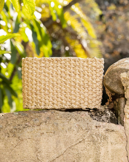 Thera Clutch handwoven palm with sea inspired embroidery and beads 