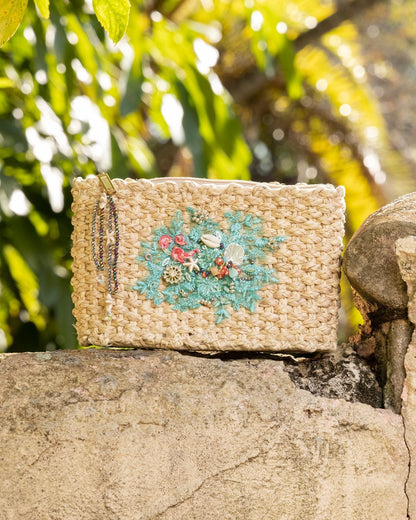 Thera Clutch handwoven palm with sea inspired embroidery and beads 